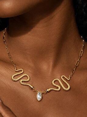 Gold Snake Chain Necklace with Clear Pendant - Women Jewelry